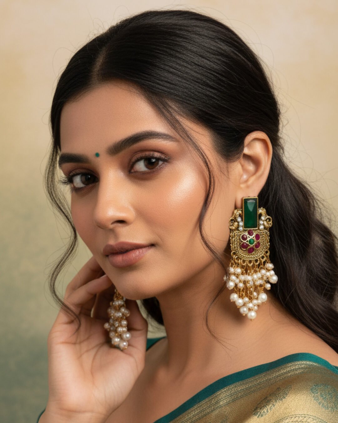 Regal Green & Ruby Stone Jhumka Drops - Image 4