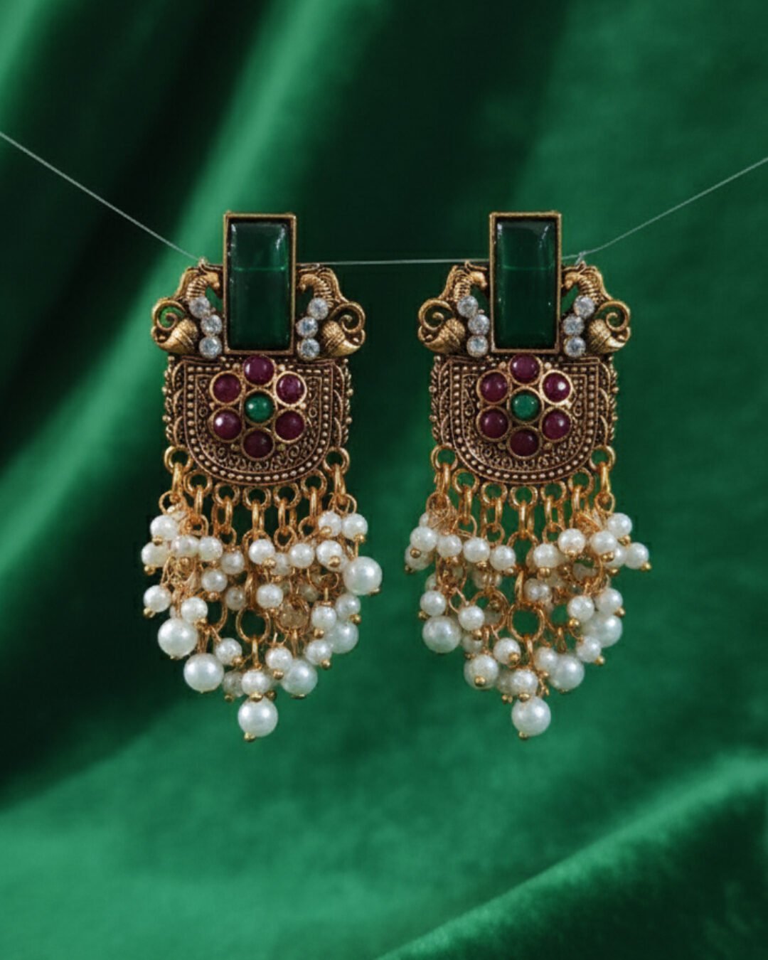Regal Green & Ruby Stone Jhumka Drops