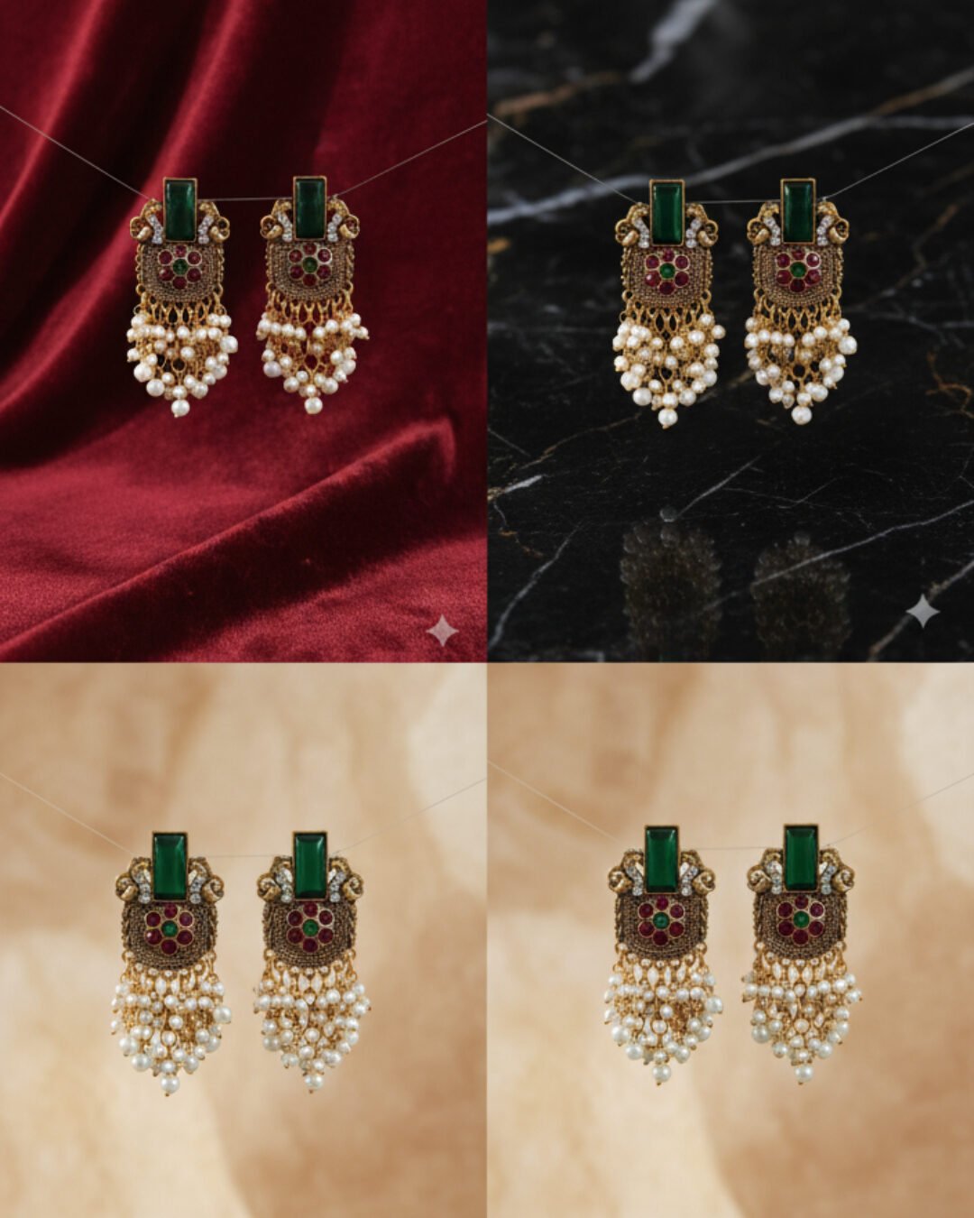 Regal Green & Ruby Stone Jhumka Drops - Image 2