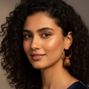 Traditional Gold Jhumka Nose Ring with Red Beads – Bridal Nath Design