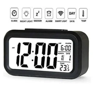 Digital Alarm Clock with Smart Light, Temperature & Snooze – Black