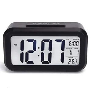 Digital Alarm Clock with Smart Light, Temperature & Snooze – Black
