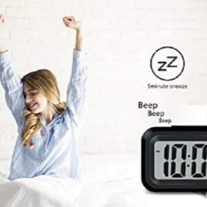 Digital Alarm Clock with Smart Light, Temperature & Snooze – Black