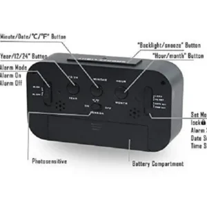 Digital Alarm Clock with Smart Light, Temperature & Snooze – Black